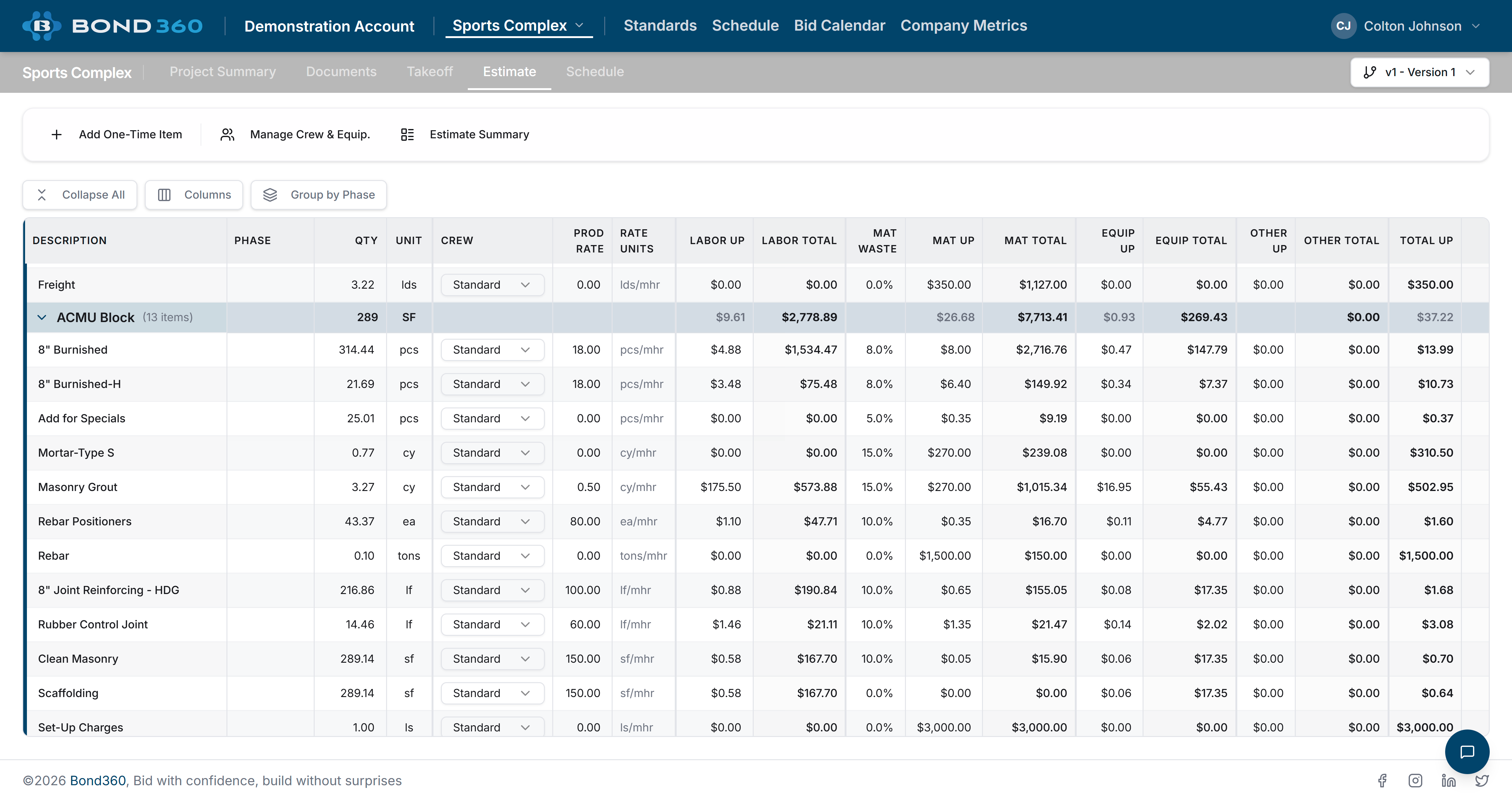 Bond360 Estimate — trade-specific line item detail with labor, material, and production rates