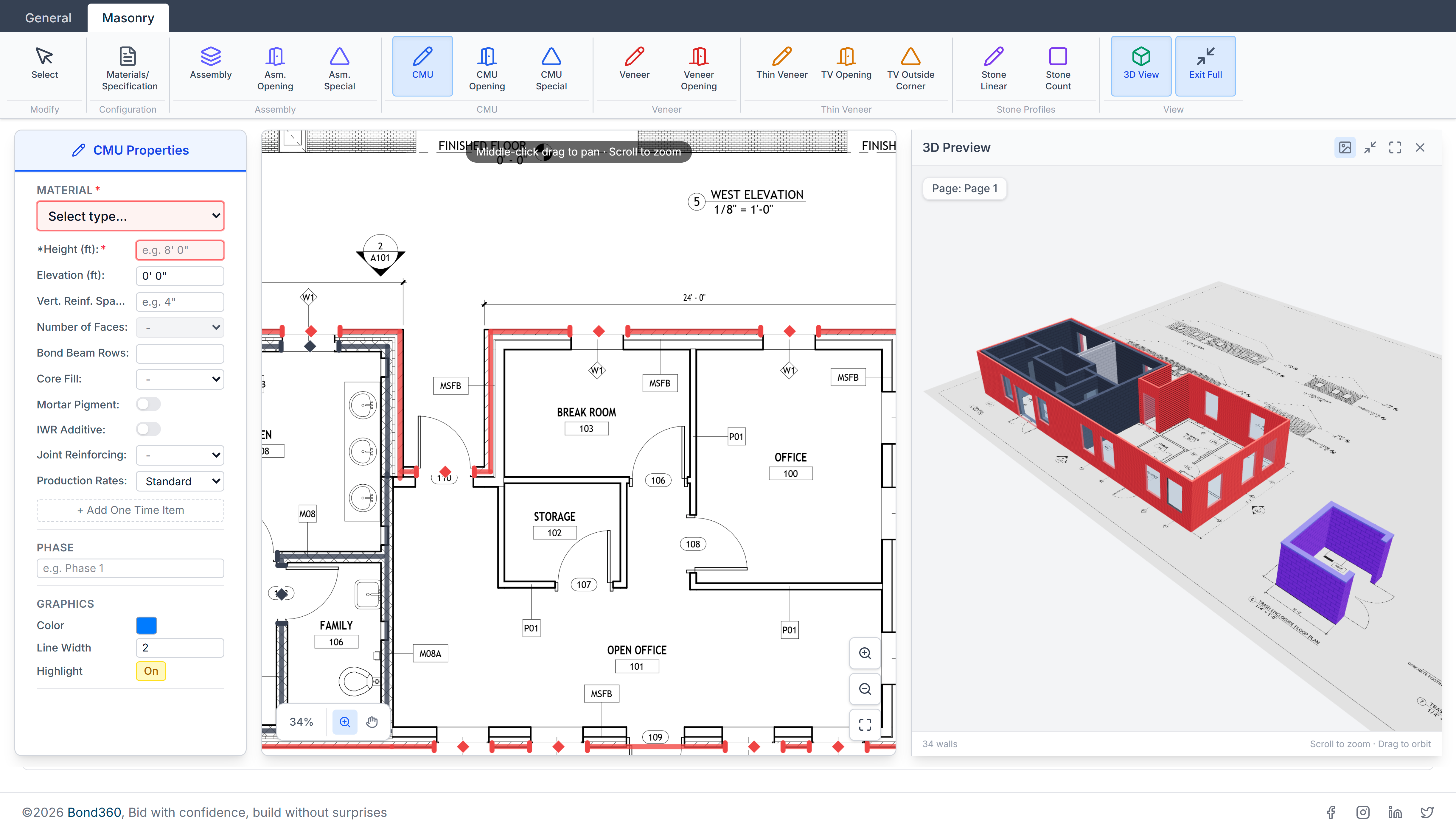 Bond360 2D/3D Takeoff — floor plan with live 3D wall model